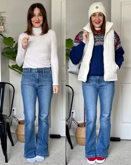 Aprés ski outfit!
My sweater is a traditional Norwegian “marius genser” but I found similar on Amazon! 
My turtleneck, sneakers and backpack are from Amazon, I sized up to M for more sleeve length, sneakers fit tts.
Flare jeans are Gap and fit tts
Vest is old and I couldn’t find anything similar sorry 


#LTKstyletip #LTKshoecrush #LTKSeasonal
