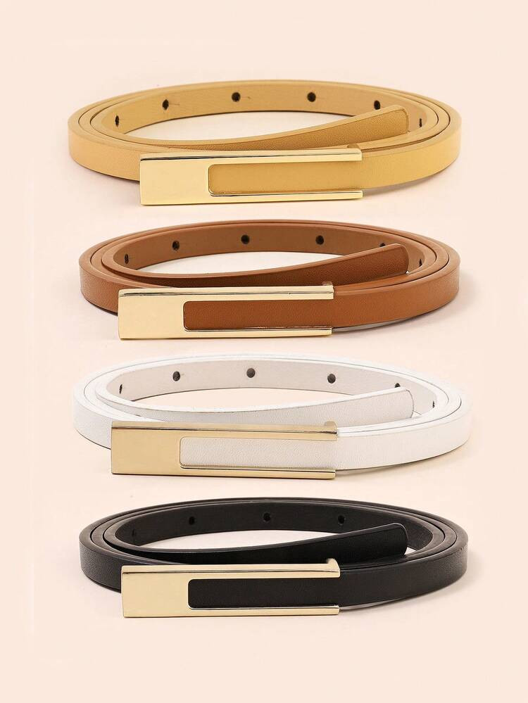 4pcs Women Square Metal Buckle Multicolor Pu Leather Belt Thin Belt Casual Style Dresses Belt Jea... | SHEIN
