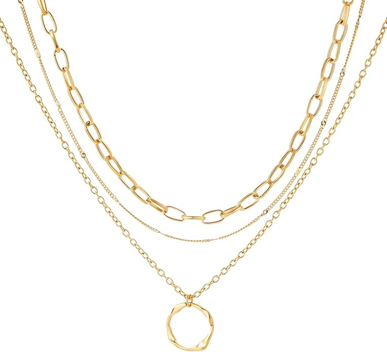 18K Gold Plated Layered Necklace Set for Women - Dainty Paperclip Twisted Circle Pendant Chains, ... | Amazon (US)
