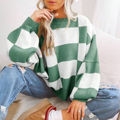 Round Neck Checkered Bishop Sleeve Sweater,Long Sleeve Tops | SHEIN