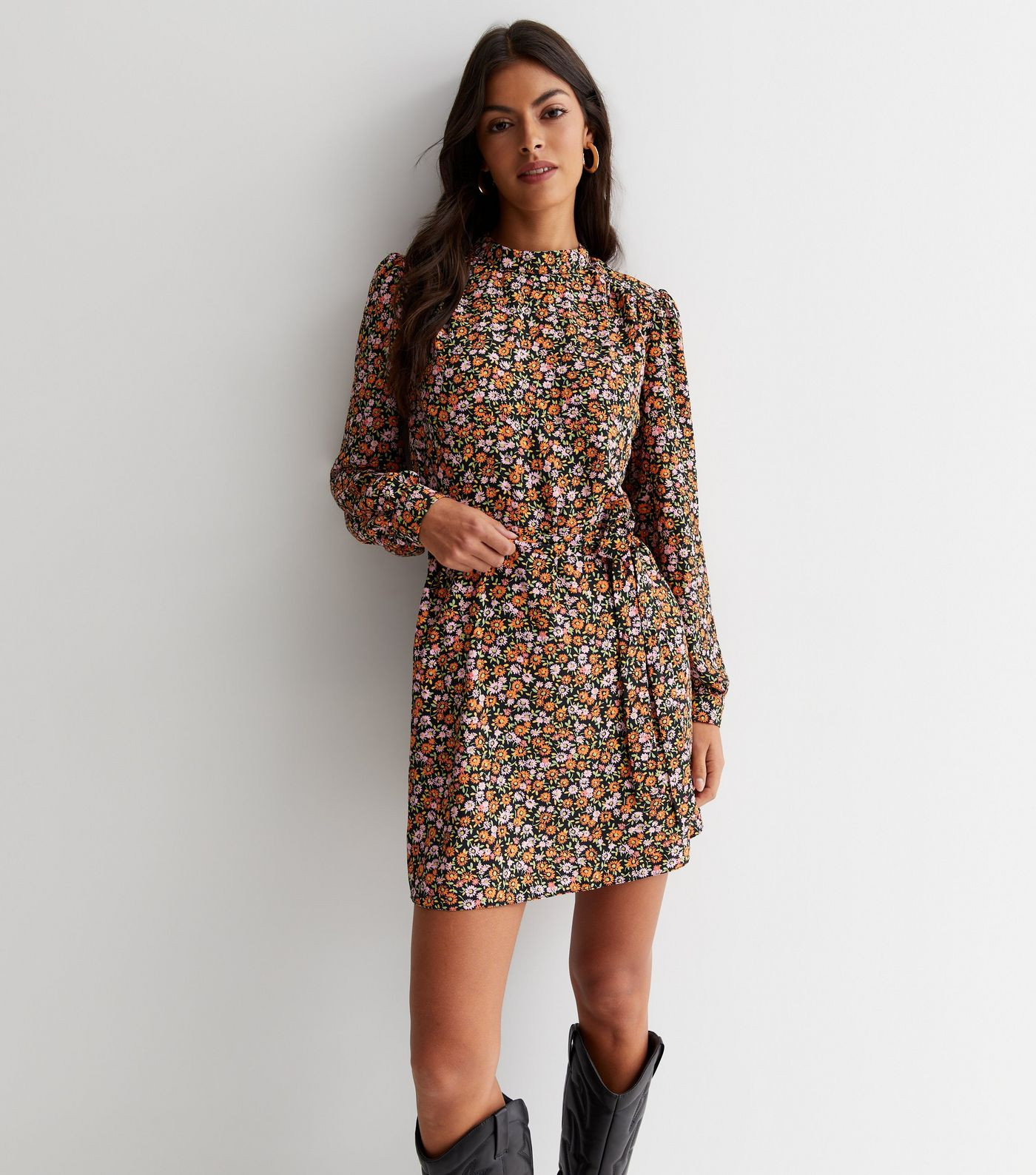 Brown Floral High Neck Long Sleeve Belted Mini Dress | New Look | New Look (UK)