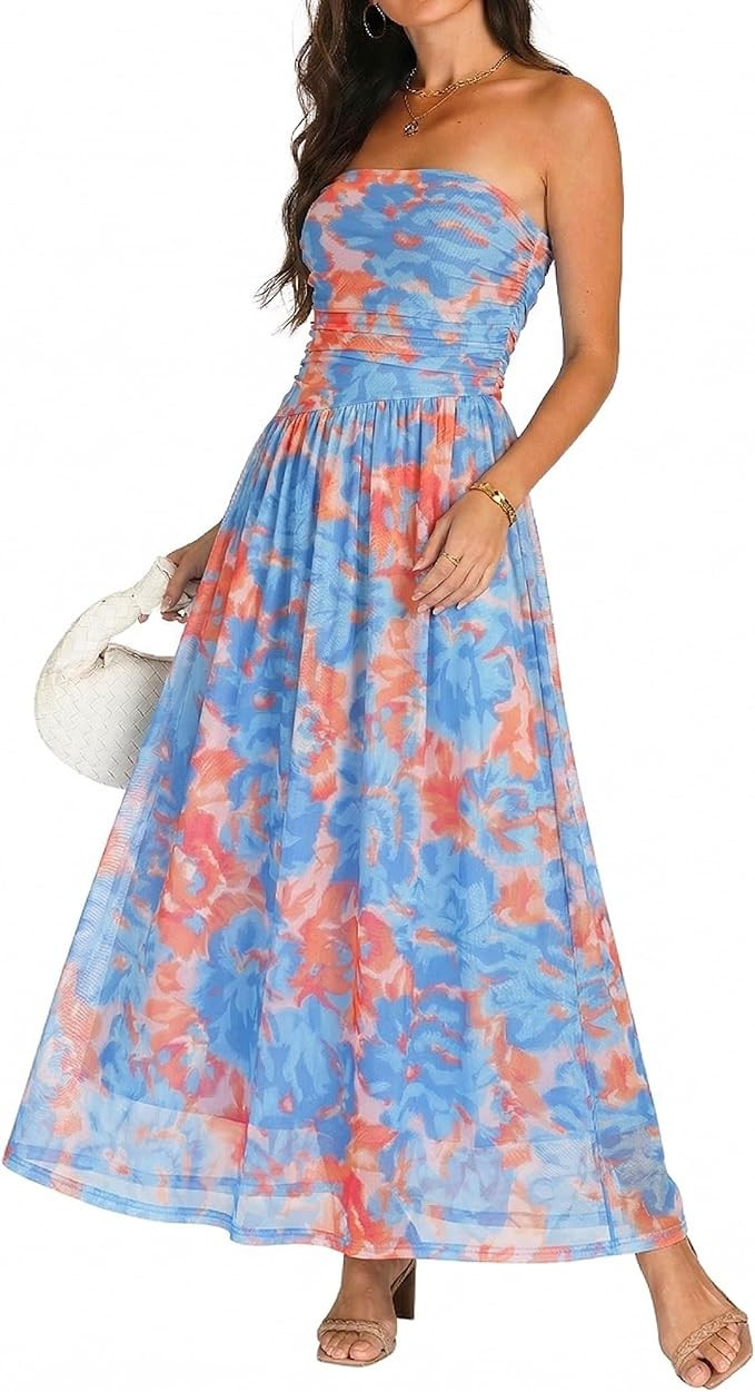 Summer Floral Wedding Guest Maxi Dress for Women Strapless Tube Long Dresses Mesh Flowy Vacation ... | Amazon (US)