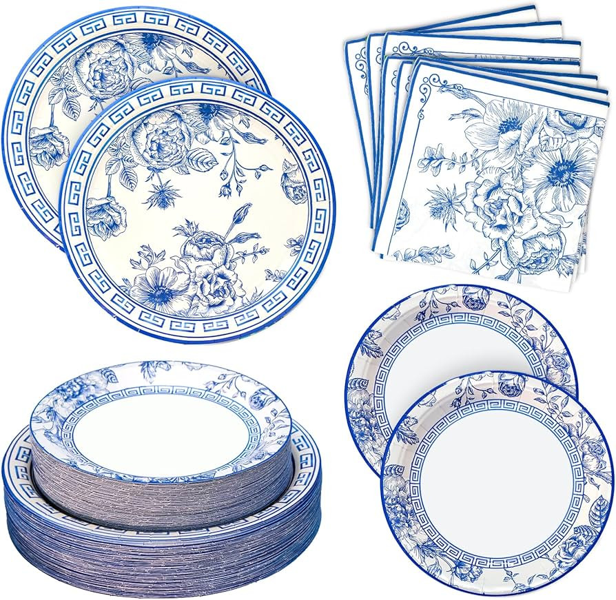 180PCS Blue White Floral Party Supplies Serve 60, Blue Flower Party Paper Plates and Napkins Kit ... | Amazon (US)