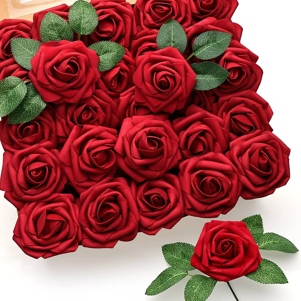 Mocoosy 50Pcs Red Roses Artificial Flowers, Dark Red Fake Roses Real Looking Foam Rose with Stems... | Amazon (US)