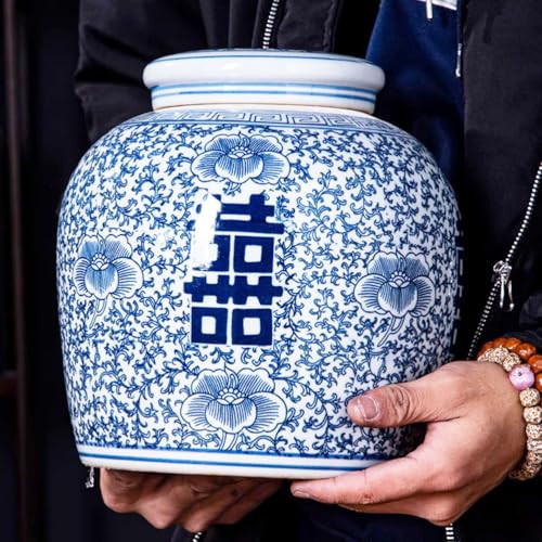 XIUWOUG Vintage Blue and White Ginger Jar with Lid for Chinoiserie Decor Ancient Large Canister Chinese Decorative Storage Jar Vase for Home Decor,Living Room Decor,Blue | Amazon (US)
