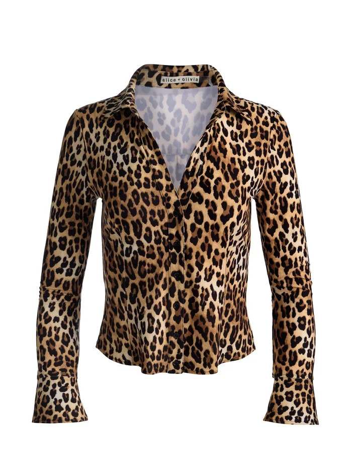 FREYA FITTED NIPPED WAIST BTN DWN TOP in SPOTTED LEOPARD | ALICE + OLIVIA | Alice + Olivia