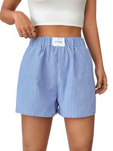 Floerns Women's Striped Print Letter Patched Elastic Waist Straight Wide Leg Casual Shorts | Amazon (US)