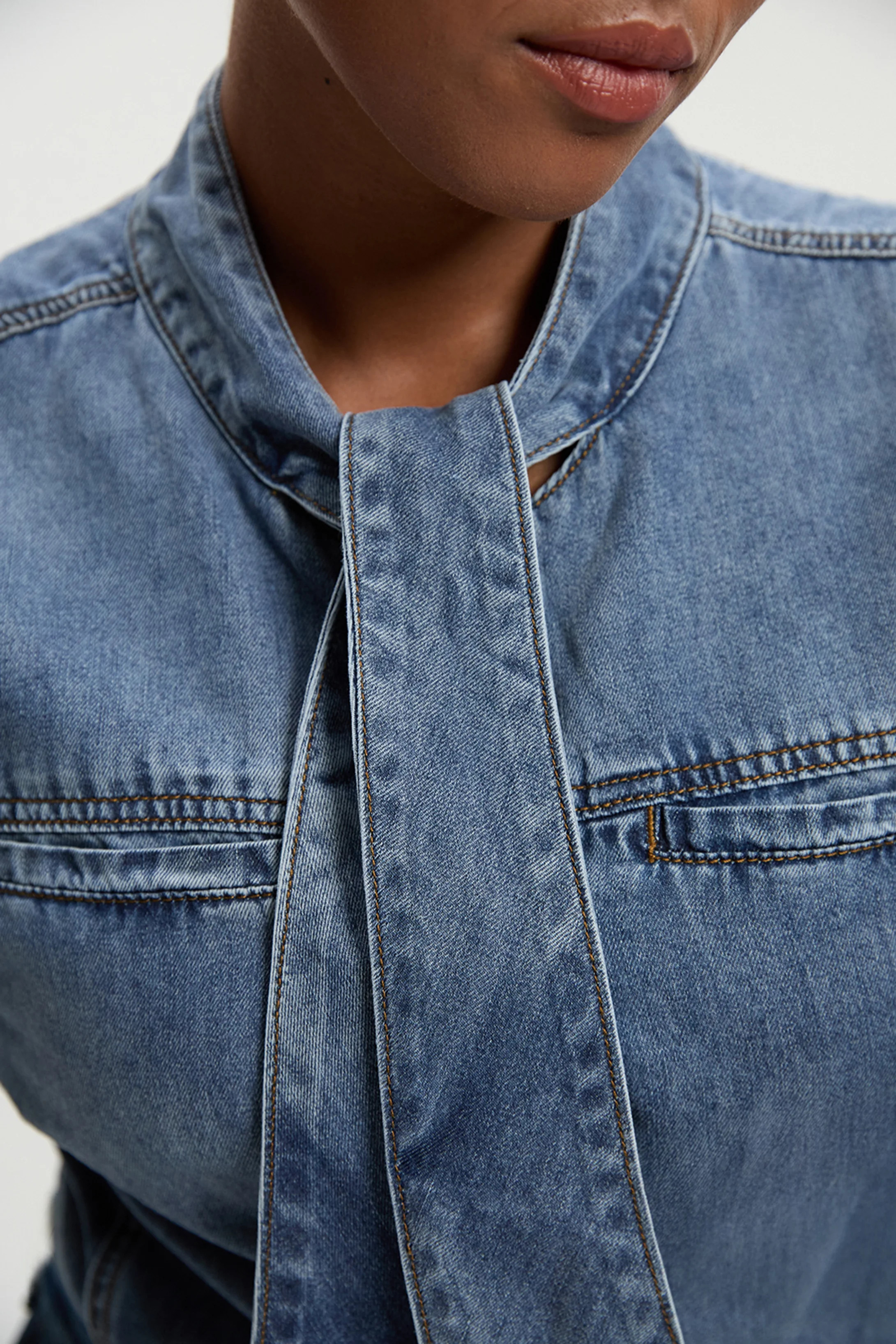 Plus Size Denim Pussy Bow Blouse | Karen Millen UK + IE + DE + NL