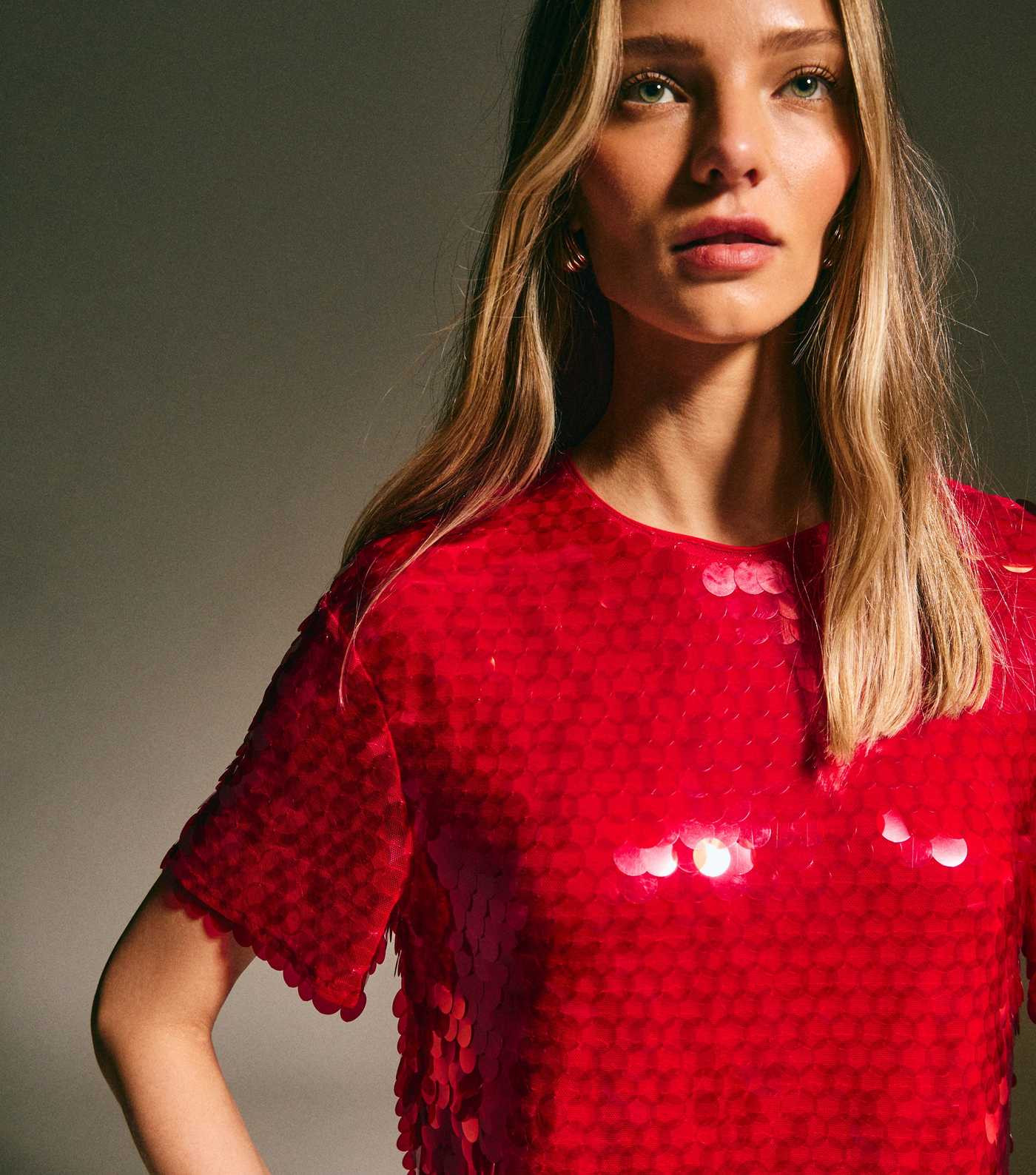 Bright Red Sequinned Short Sleeve Top | New Look | New Look (UK)