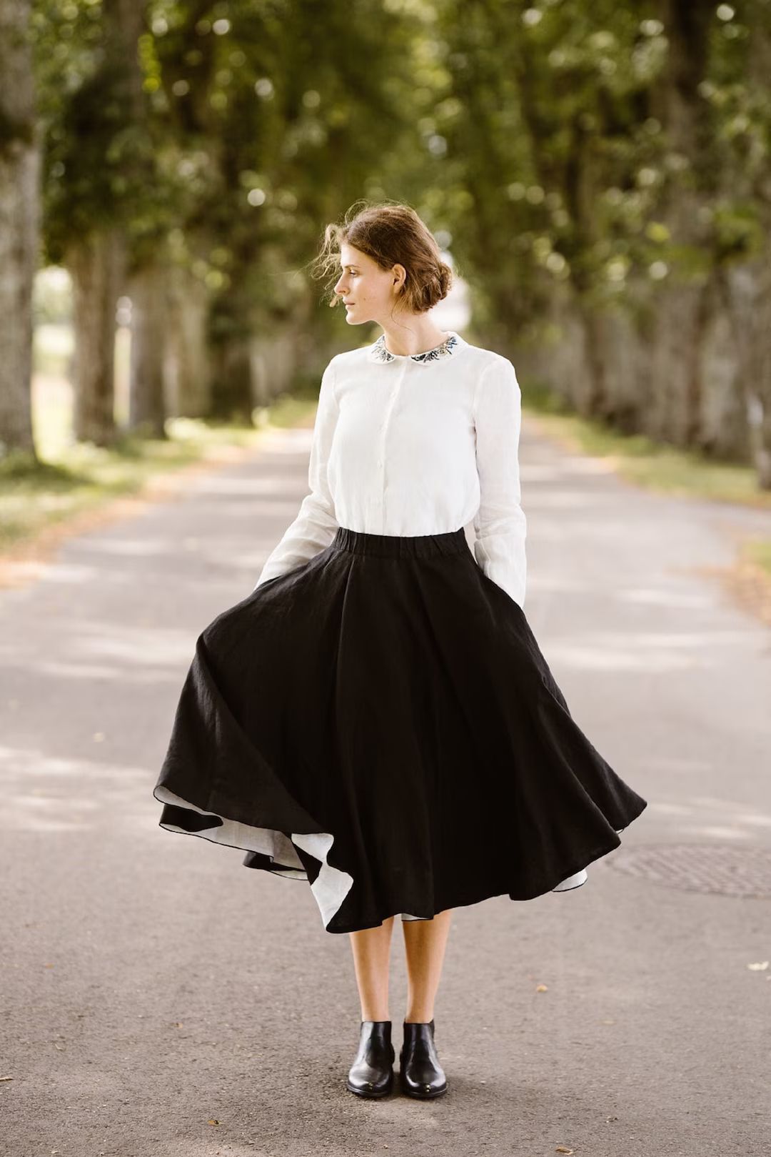 BLACK CIRCLE SKIRT Linen Skirt, Midi Skirt, 1950s Skirt, Victorian Skirt, Edwardian Skirt, Minima... | Etsy (UK)