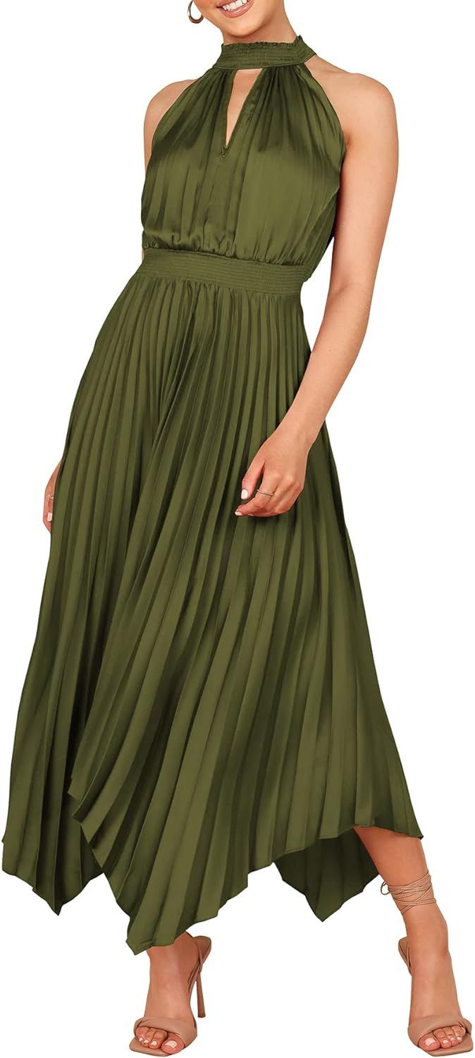 PRETTYGARDEN Summer Dress for Women Elegant Halter Neck Cut Out Irregular Hem Pleated Midi A-Line... | Amazon (US)