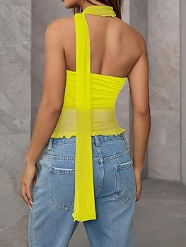 Milumia Women Bandeau Tops Ruched Mesh Halter Shirts with Scarf | Amazon (US)
