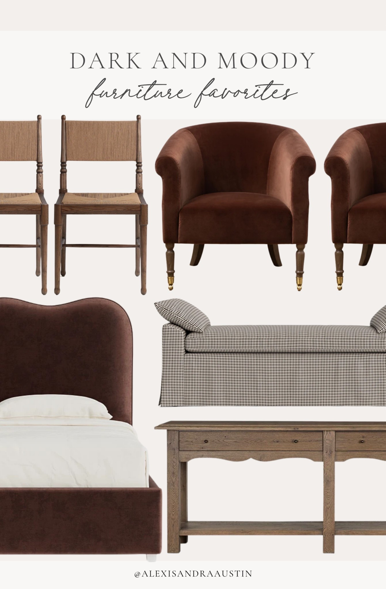 Dark and moody furniture favorites with a pop of color! Loving the mix of pattern and texture for spring refresh.

Home refresh, neutral home inspo, furniture favorites, neutral wood tones, spring refresh, accent chair, patterned bench, upholstered bed, bedroom refresh, console table, dark and moody, McGee and Co, Wayfair, shop the look!

#LTKHome #LTKSeasonal