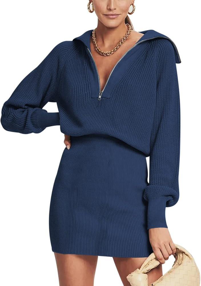 DEEP SELF Women's Casual Long Sleeve Bodycon Sweater Dresses Fall Half Zip V Neck Slim Fit Ribbed... | Amazon (US)