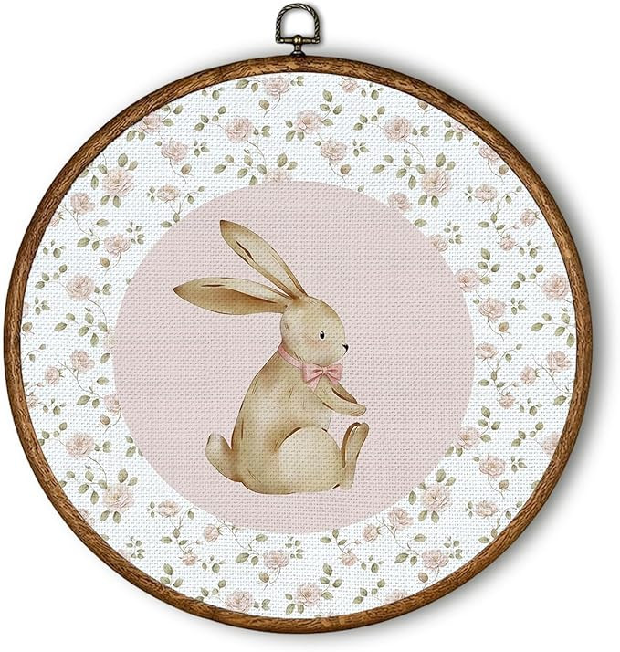 QWZDRHYJI Pink Rose Floral Bunny Round Wall Art Decor, Coquette Bow Rustic Easter Bunny Framed Ca... | Amazon (US)