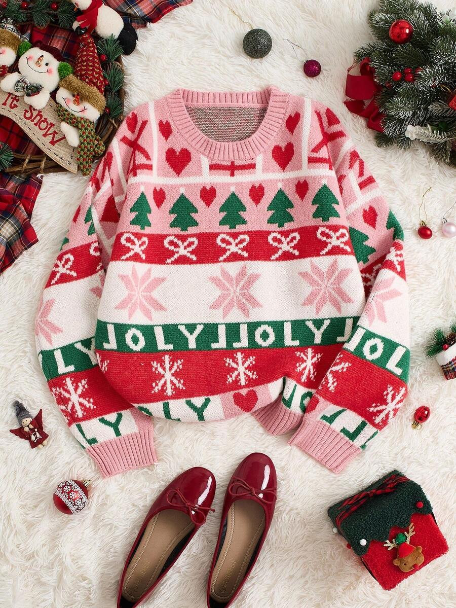 Sweetra Minimalist Cute Women's Loose Pink Long Sleeve Christmas Pullover Knit Sweater, Christmas... | SHEIN