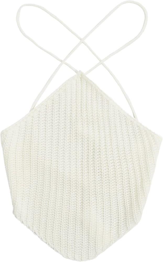 WDIRARA Women's Crisscross Tie Back Knit Crop Halter Top Asymmetrical Bandana Tops | Amazon (US)