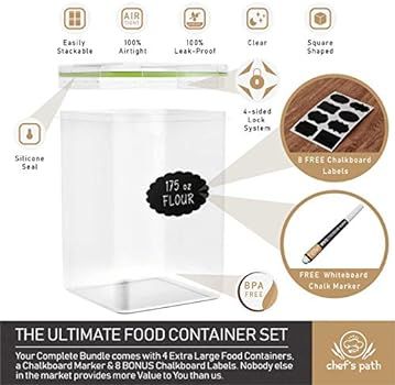 Extra Large Plastic Food Storage Containers with Lids for Flour & Sugar (4 PC, 175 Oz) - Airtight... | Amazon (US)