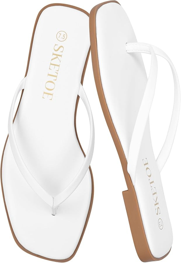 Flip Flops for Women Square Toe Flat Sandals for Women Comfortable Thong Sandals Vegan Leather Fl... | Amazon (US)