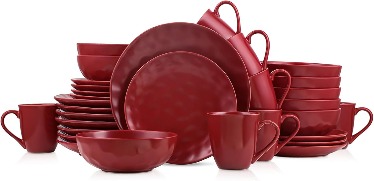 Stone Lain Sam Porcelain 32-Piece Round Dinnerware Set, Red | Amazon (US)