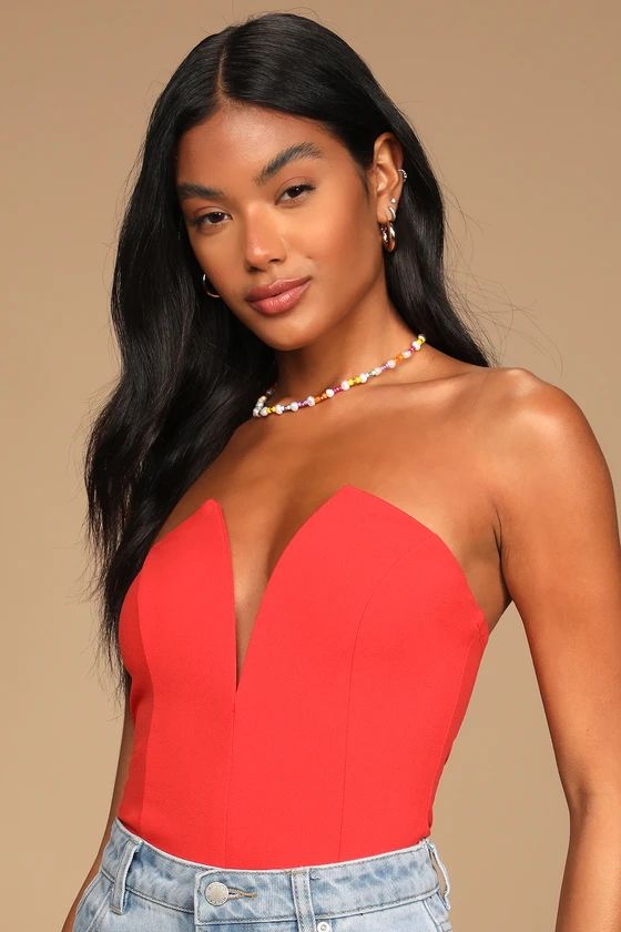 Babe Alert Red Notched Strapless Bodysuit | Lulus (US)
