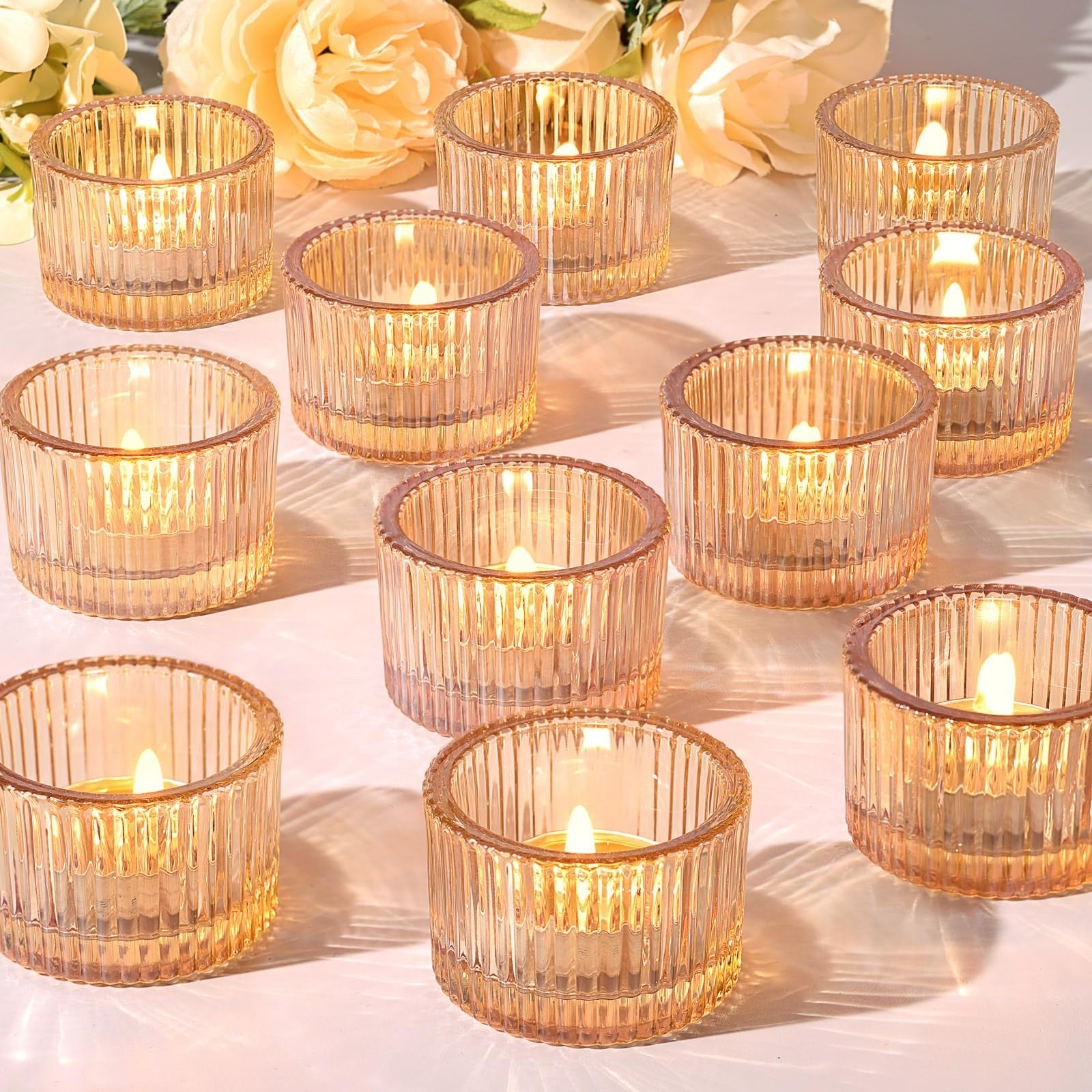 HAVITI 24 Pack Tealight Gold Candle Holders, Votive Tea Light Candle Holder Glass for Gold Center... | Amazon (US)