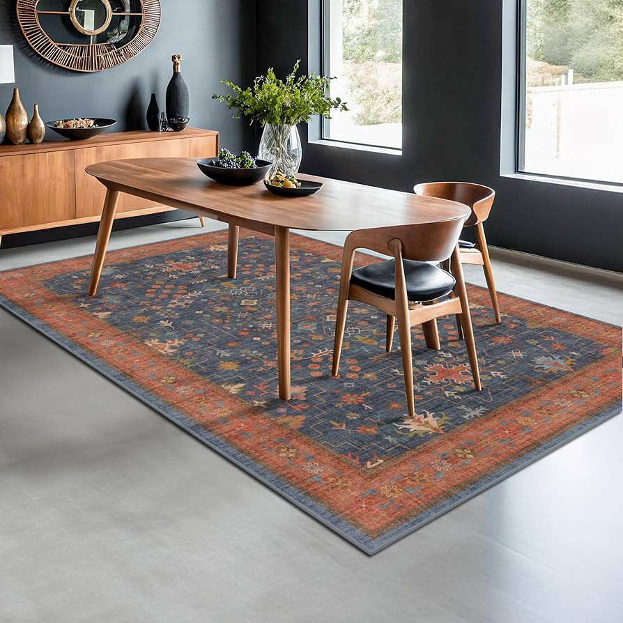 6x9 Dining Room Rugs for Under Table - Washable Navy Blue Area Rug for Living Room, Low Pile Non-... | Amazon (US)