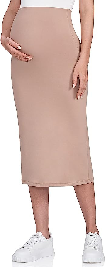 POSHDIVAH Women's Maternity Skirt Over The Belly Midi High Waisted Solid Stretchy Pregnancy Penci... | Amazon (US)