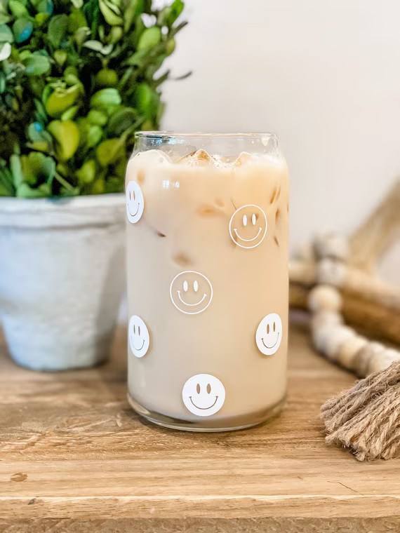 Smiley Glass Cup  Iced Coffee Glass  Glass Coffee Cup  16 | Etsy | Etsy (US)