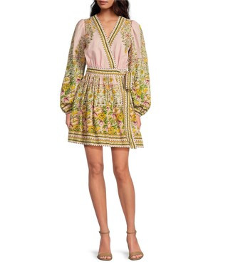 A Loves A Floral Print Surplice V-Neck Long Bubble Sleeve Wrap Above the Knee A-Line Dress | Dill... | Dillard's
