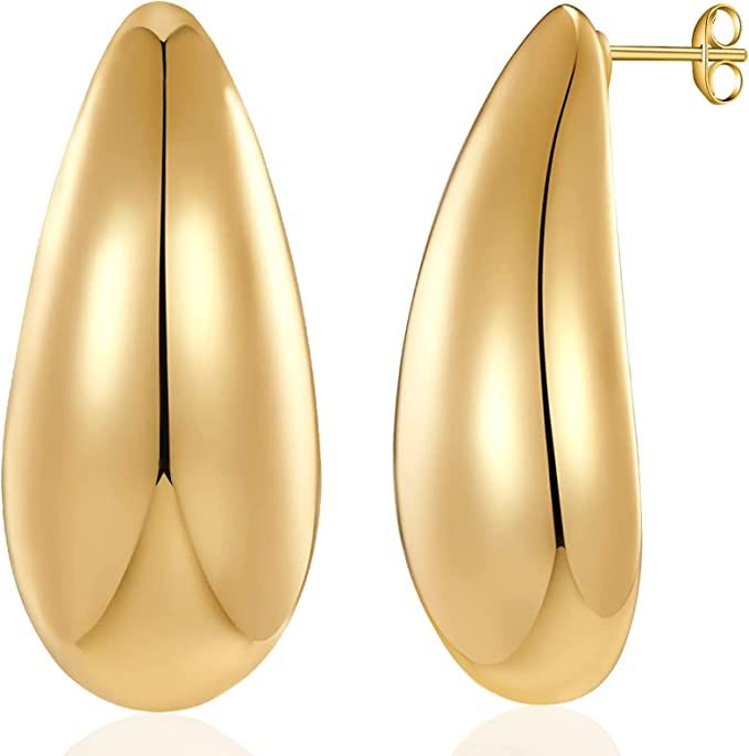 Chunky Gold Hoop Earrings for Women, Lightweight Teardrop Hoops Earrings with 18K Real Gold Plate... | Amazon (US)