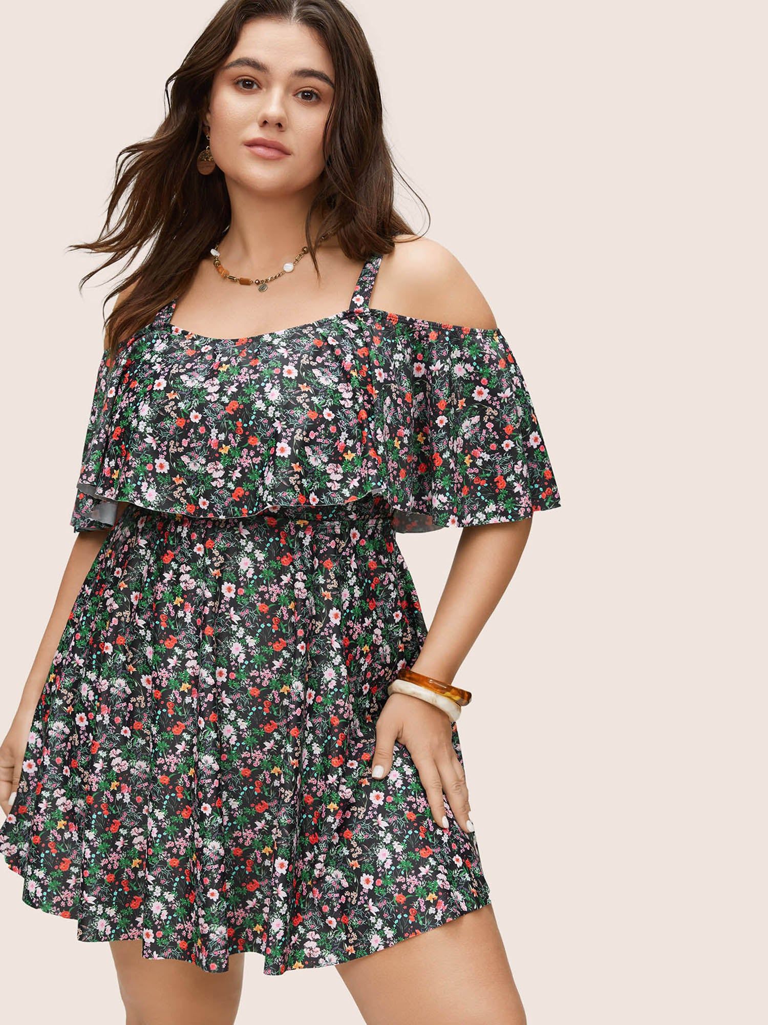 Ditsy Floral Ruffles Cold Shoulder Swim Dress | Bloomchic