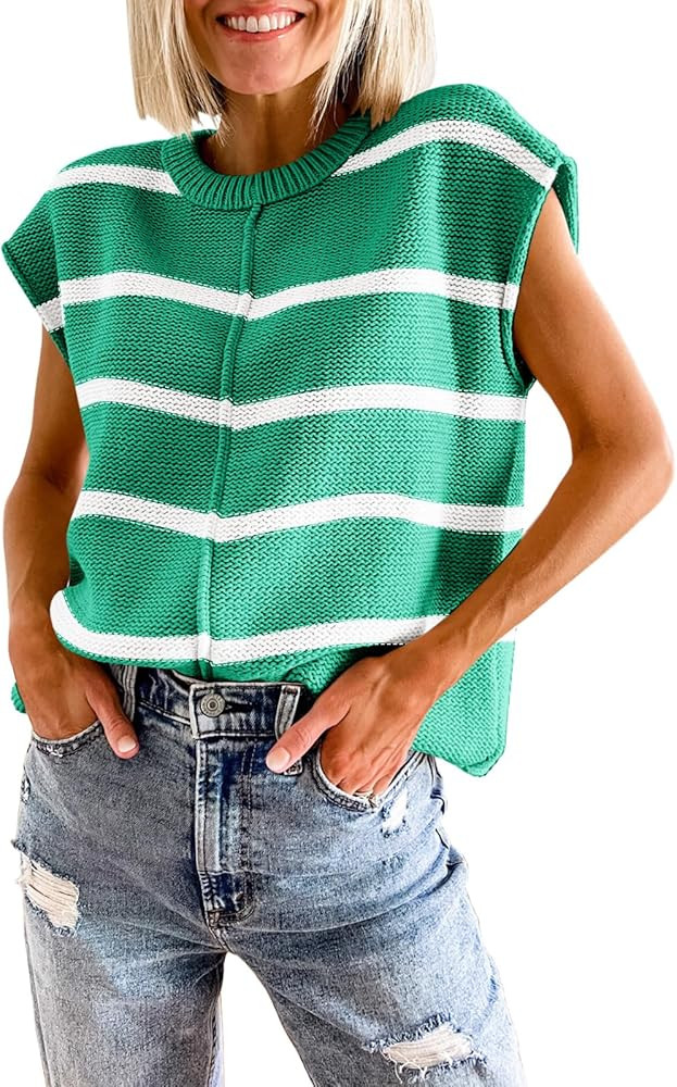 Saodimallsu Womens Cap Sleeve Tank Tops Striped Crew Neck Casual Loose Fit Spring Summer Pullover... | Amazon (US)