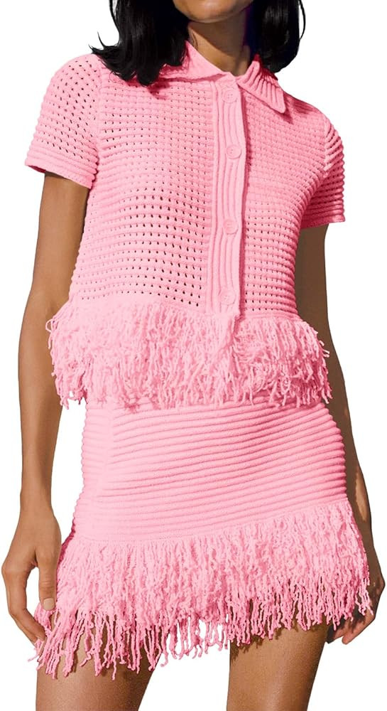 Fisoew Womens 2 Piece Outfits Crochet Short Sleeve Button Knit Sweater Tops and Fringe Skirt Vaca... | Amazon (US)