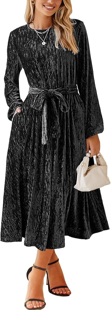 Happy Sailed Women's Velvet Maxi Dress Fall Fashion Lantern Sleeve High Waist A-Line Cocktail Par... | Amazon (US)