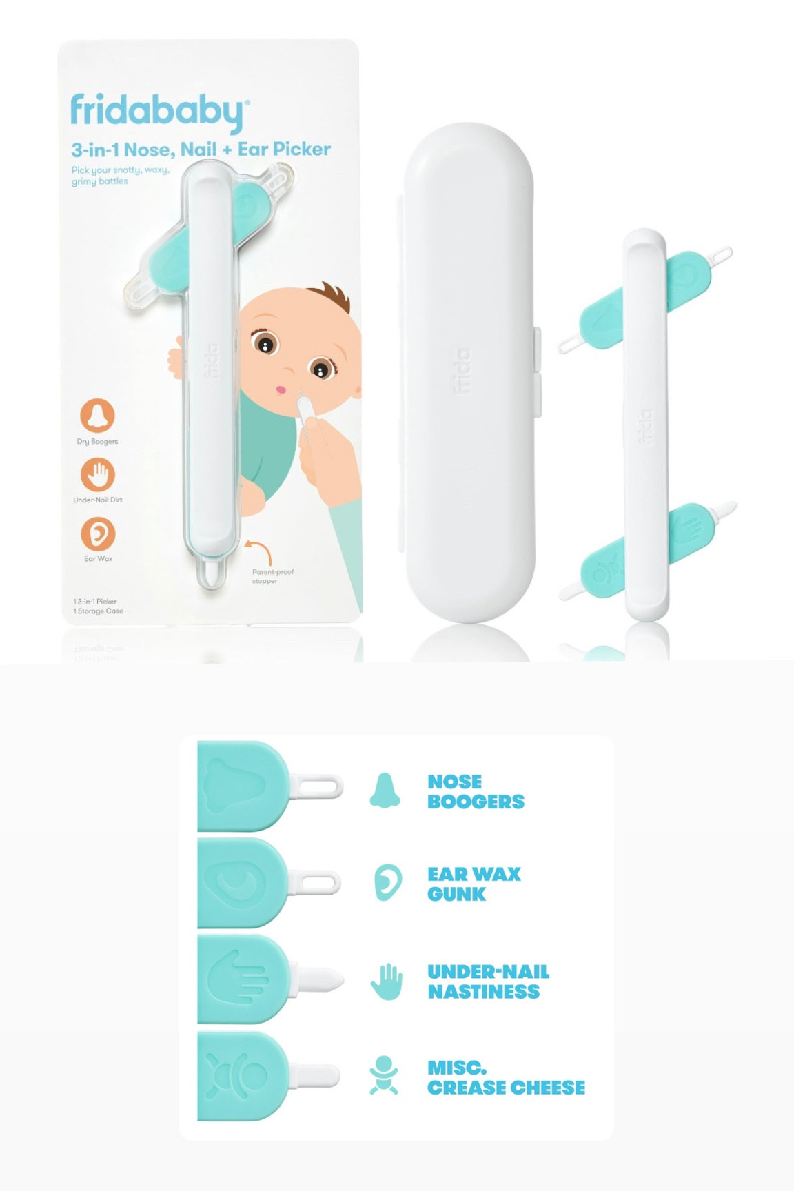 NOSE: Scoop out dry boogers & crusties, NAIL: Clean under-nail nastiness, EAR: Remove visible wax from small ears - no pinky nail needed, EVERYWHERE ELSE: Dig out misc. crease cheese like belly button fuzz or toe jam

#LTKFind #LTKkids #LTKbaby
