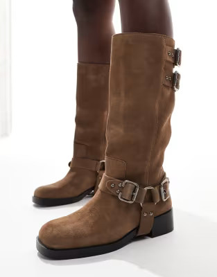 Stradivarius leather biker boot in beige | ASOS (Global)