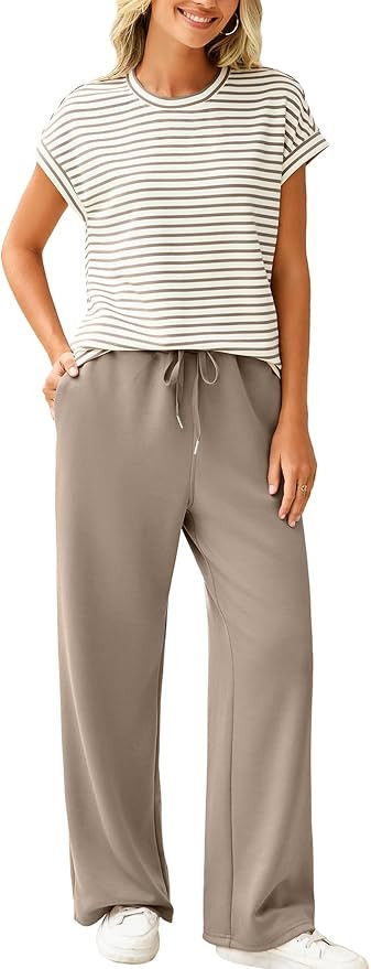 Glamaker Women's 2 Piece Sets Striped Summer Outfits Short Sleeve Shirts Wide Leg Pants Casual Lo... | Amazon (US)