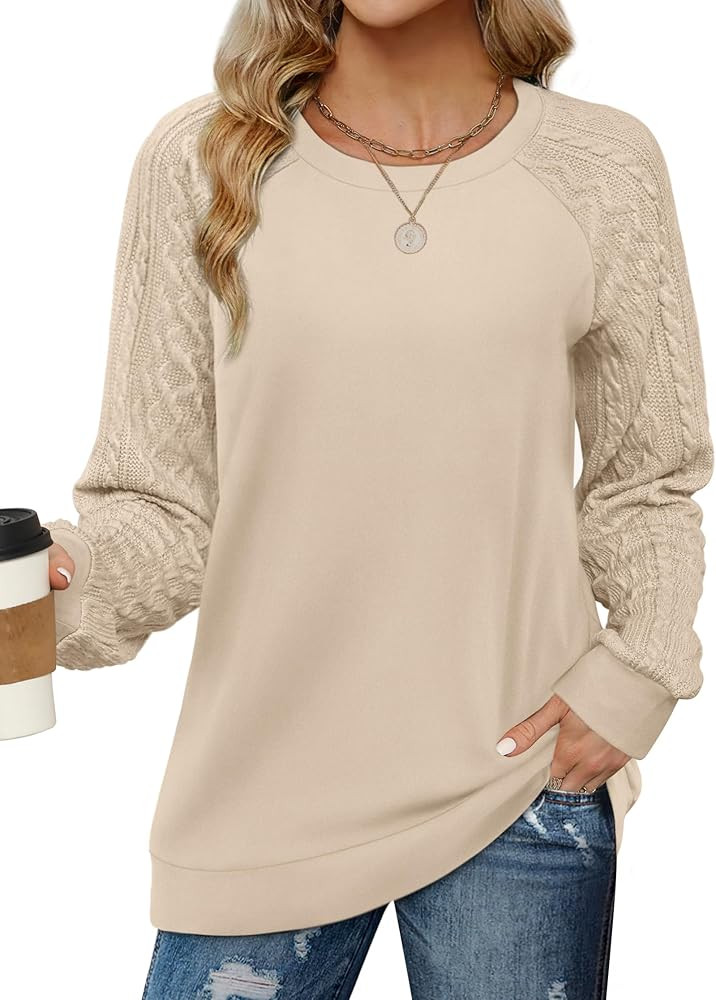 Saloogoe Sweatshirts for Women Crewneck Cable Knit Sleeve Sweaters Lightweight Fashion 2024 | Amazon (US)