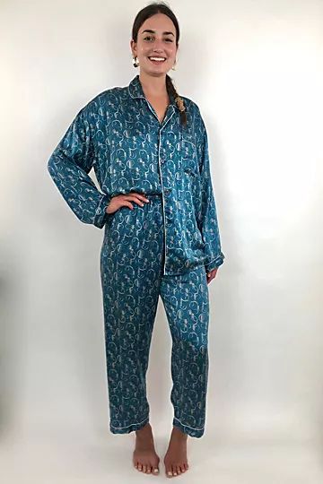 Prussian Blue Silk Geo Print Preloved Pajama Set Selected by Picky Jane | Free People (Global - UK&FR Excluded)