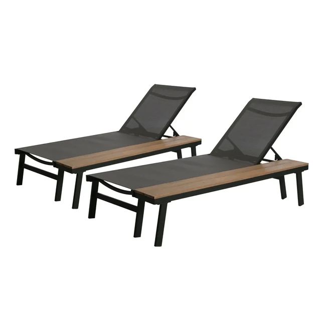 Killian Outdoor Mesh and Aluminum Chaise Lounge with Side Table, Set of 2, Gray | Walmart (US)