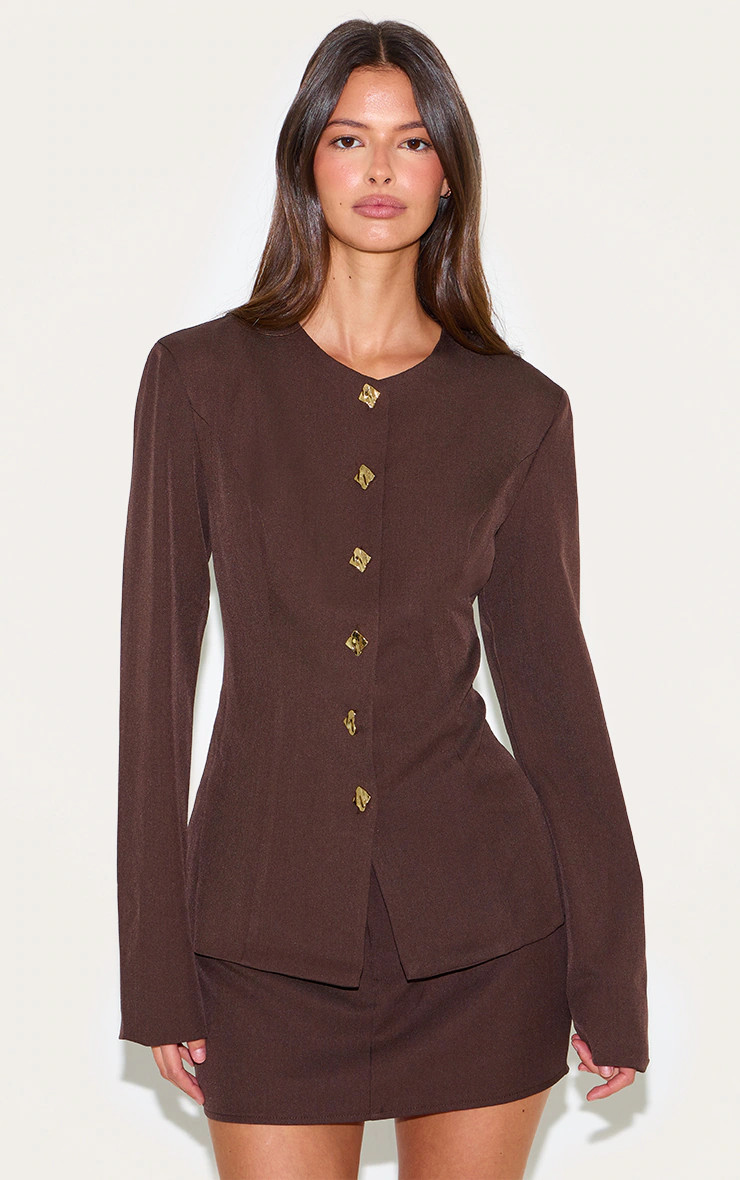 Deep Chocolate Gold Trim Cinched Waist Blazer | PrettyLittleThing UK