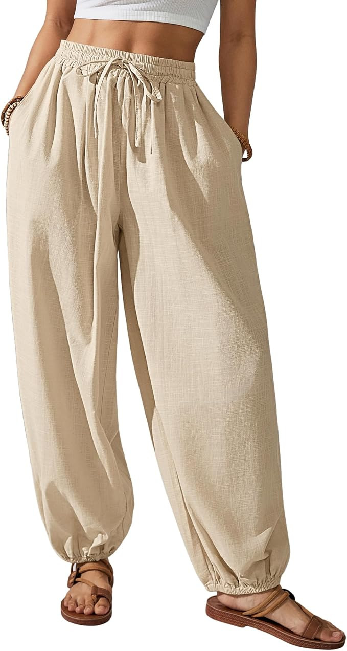 Bsubseach Womens Cotton Harem Pants Elastic Waist Baggy Pant Drawstring Balloon Trouser Loose Bea... | Amazon (US)