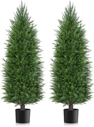 AOKIIE 6FT Artificial Topiary Cedar Plants Outdoor, Faux Pine Trees UV Resistant and Potted, 72 Inch Tall Fake Shrubs Evergreen for Front Porch Decor Set of 2 | Amazon (US)