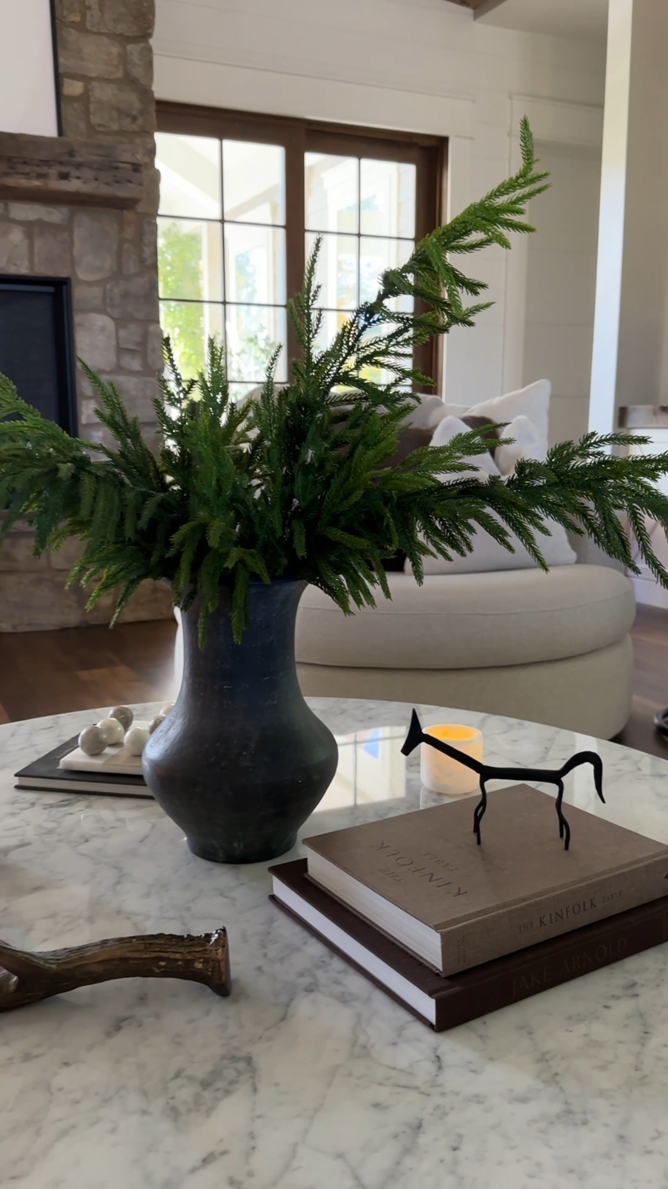 $13 soft touch Norfolk Pine stems.  I used 5 in this vase.  

Horse decor
Tic tac toe
Marble coffee table
Holiday home
Candles


#LTKHome #LTKVideo #LTKHoliday