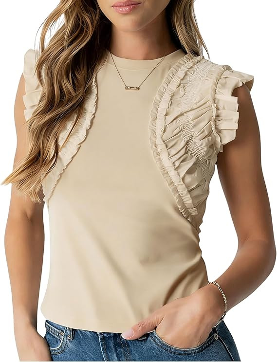Women's Ruffle Tank Top Crew Neck Sleeveless Ruched Ruffle Blouse 2026 Summer Casual Shirt Tops | Amazon (US)