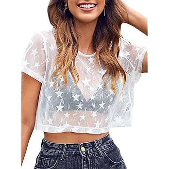 MakeMeChic Women's Star Sheer Mesh Crop Top Short Sleeve Cover Up | Amazon (US)