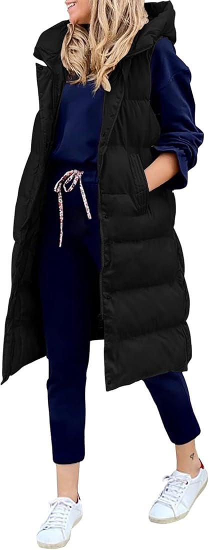 LEANI Womens Long Puffer Vest Full-Zip Hooded Sleeveless Down Jacket Coats with Pockets | Amazon (US)