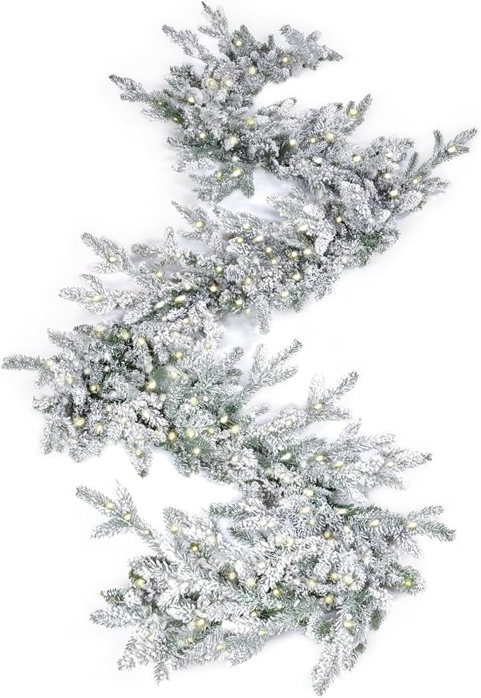 KING OF CHRISTMAS 9ft Christmas Garland with LED Lights, Quee Flock Prelit Garland Plug in, Snow ... | Amazon (US)