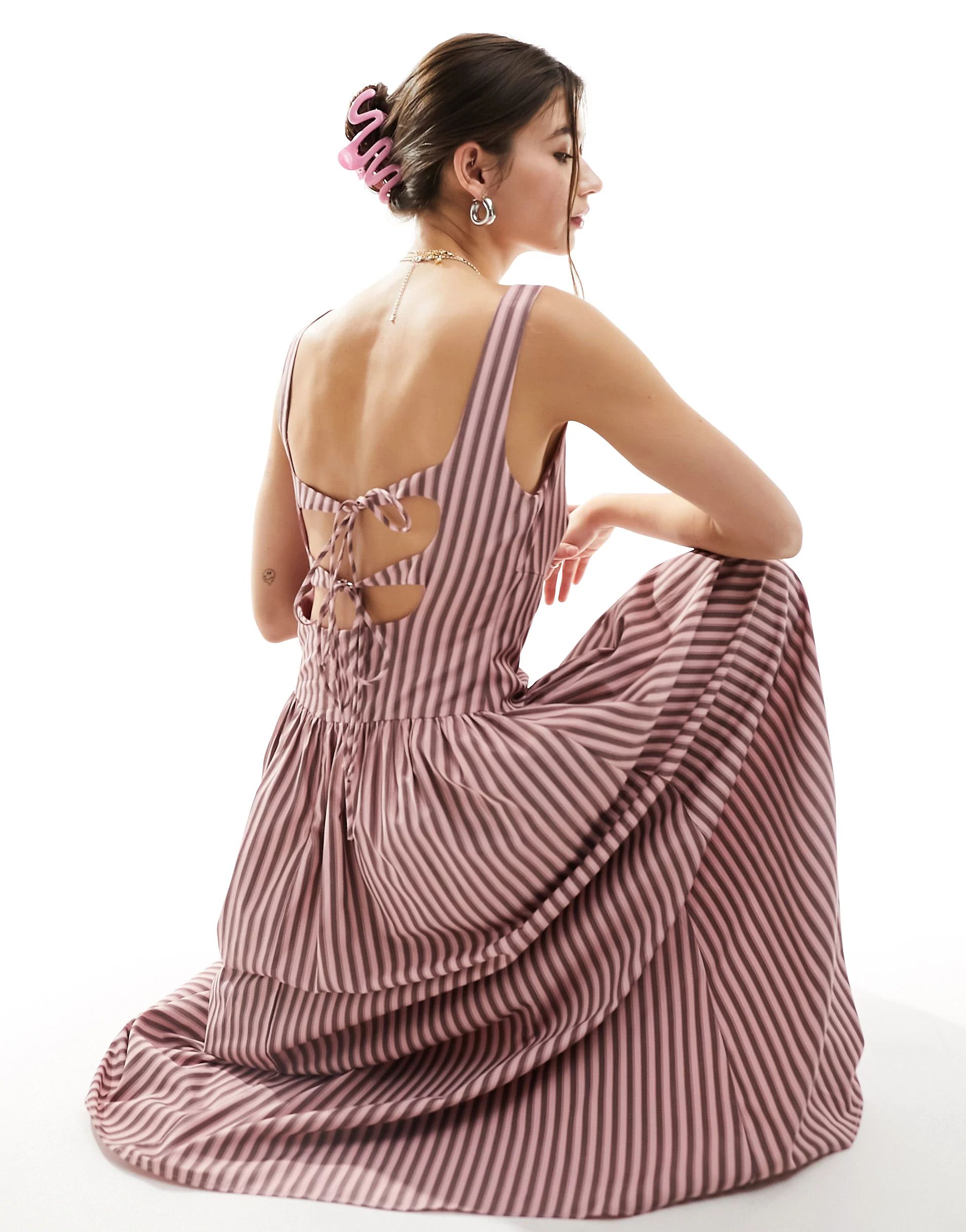 Glamorous drop waist square neck full skirt maxi dress in pink brown stripe | ASOS (Global)